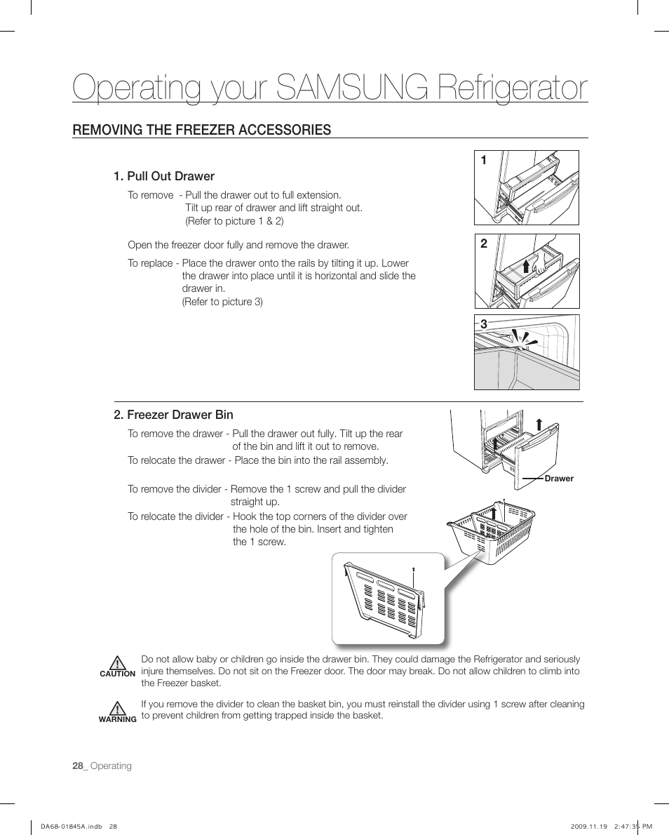 Removing the freezer accessories, Operating your samsung refrigerator | Samsung RF217ABRS-XAA User Manual | Page 28 / 34