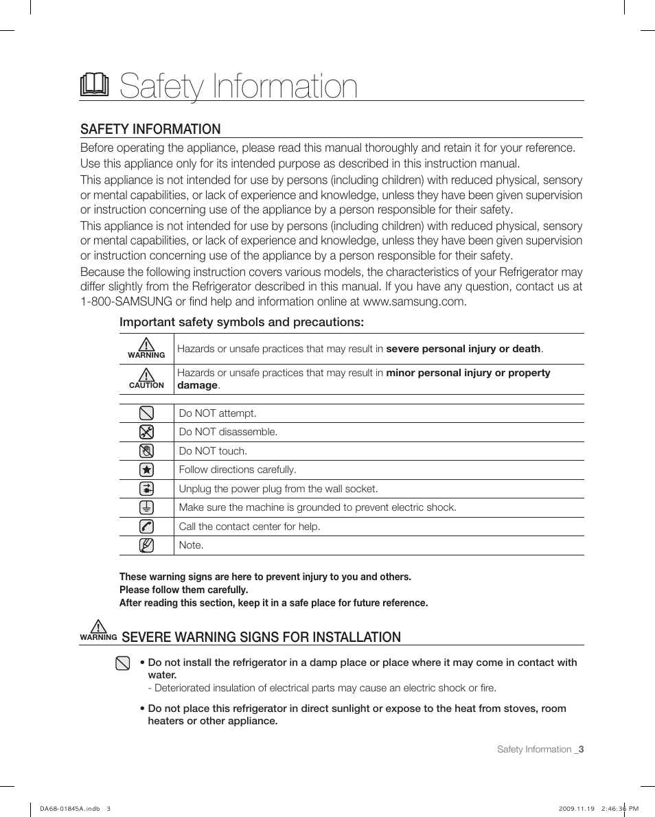 Safety information, Severe warning signs for installation | Samsung RF217ABRS-XAA User Manual | Page 3 / 34