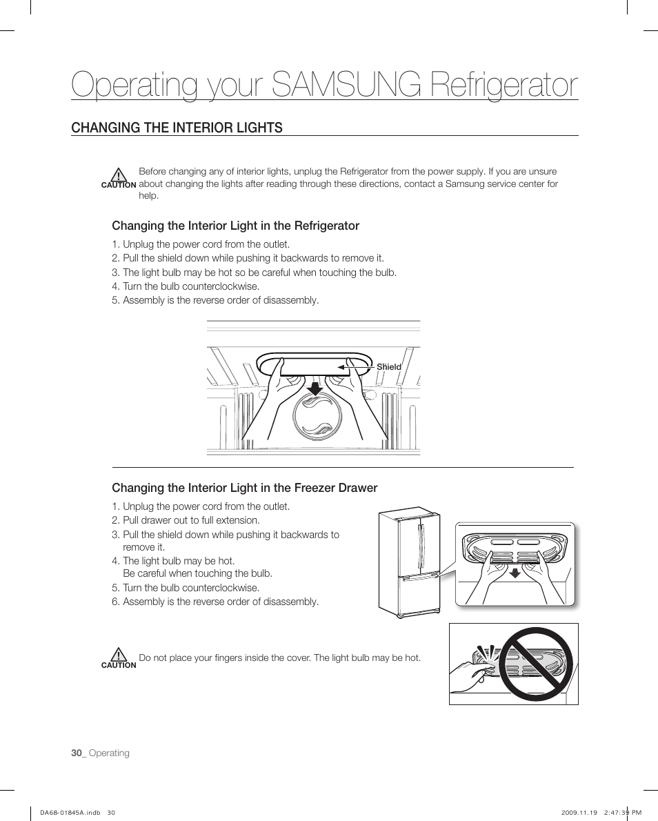 Changing the interior lights, Operating your samsung refrigerator | Samsung RF217ABRS-XAA User Manual | Page 30 / 34