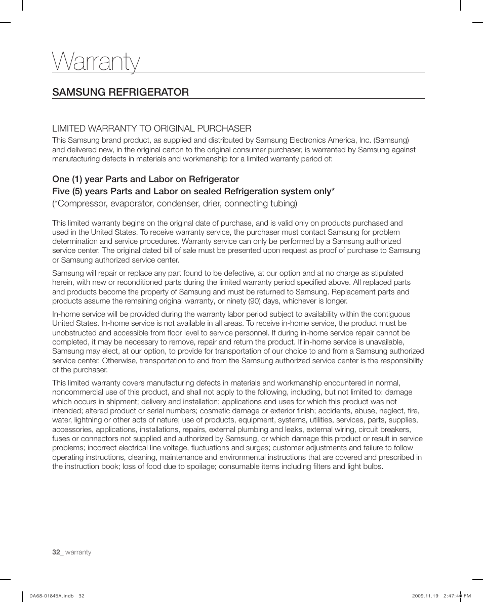 Warranty | Samsung RF217ABRS-XAA User Manual | Page 32 / 34