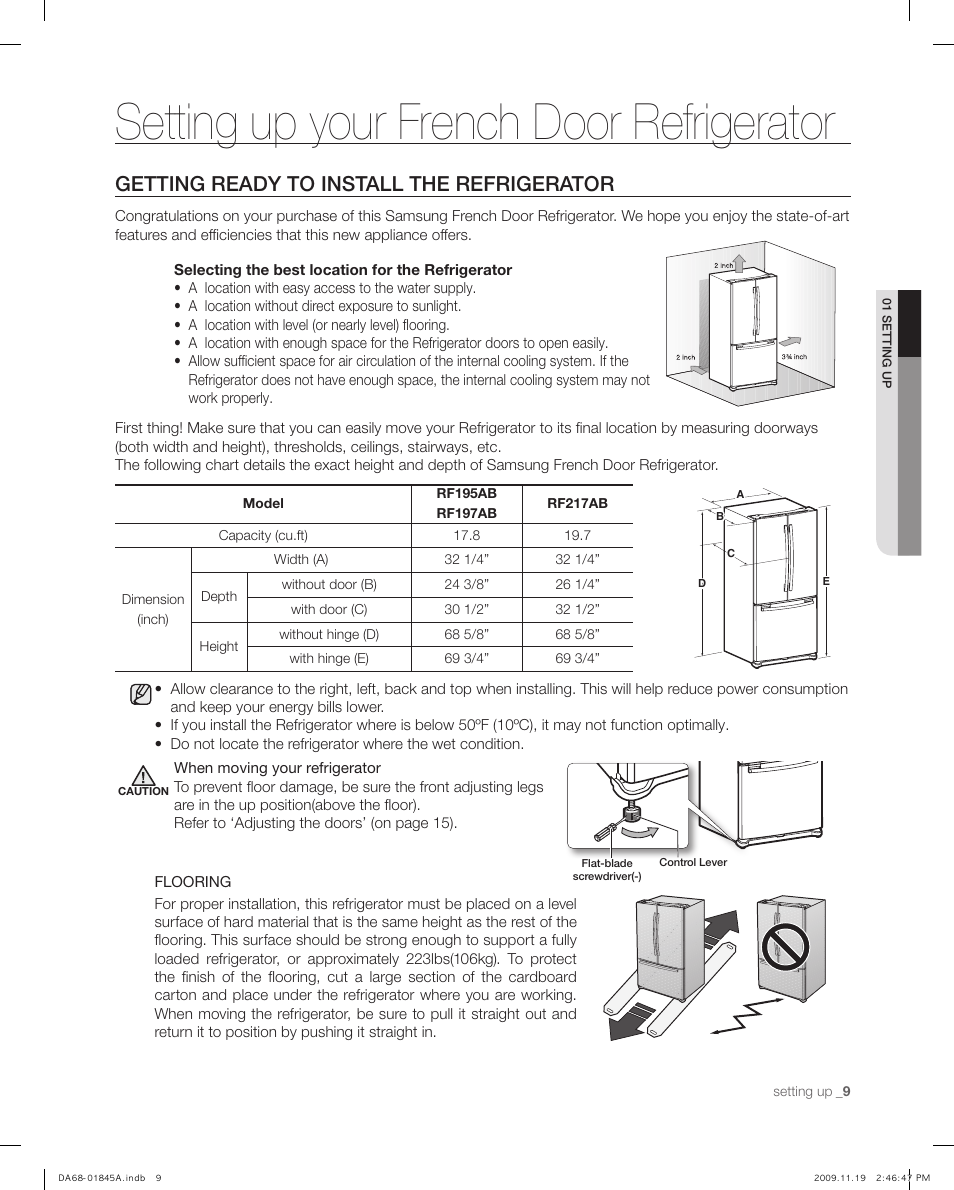 Setting up your french door refrigerator, Getting ready to install the refrigerator | Samsung RF217ABRS-XAA User Manual | Page 9 / 34