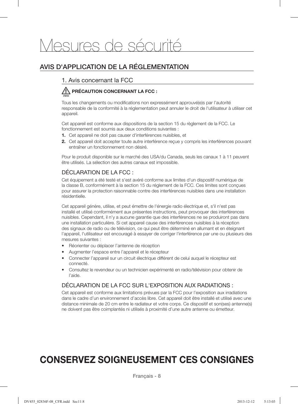 Mesures de sécurité, Conservez soigneusement ces consignes, Avis d'application de la réglementation | Samsung DV455GVGSWR-AA User Manual | Page 100 / 276