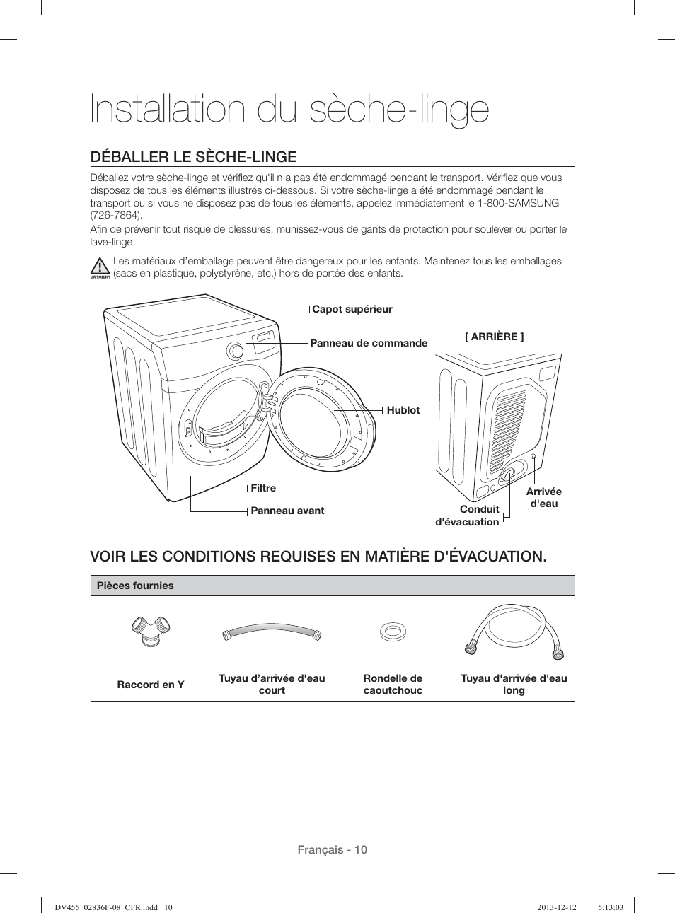 Installation du sèche-linge, Déballer le sèche-linge | Samsung DV455GVGSWR-AA User Manual | Page 102 / 276