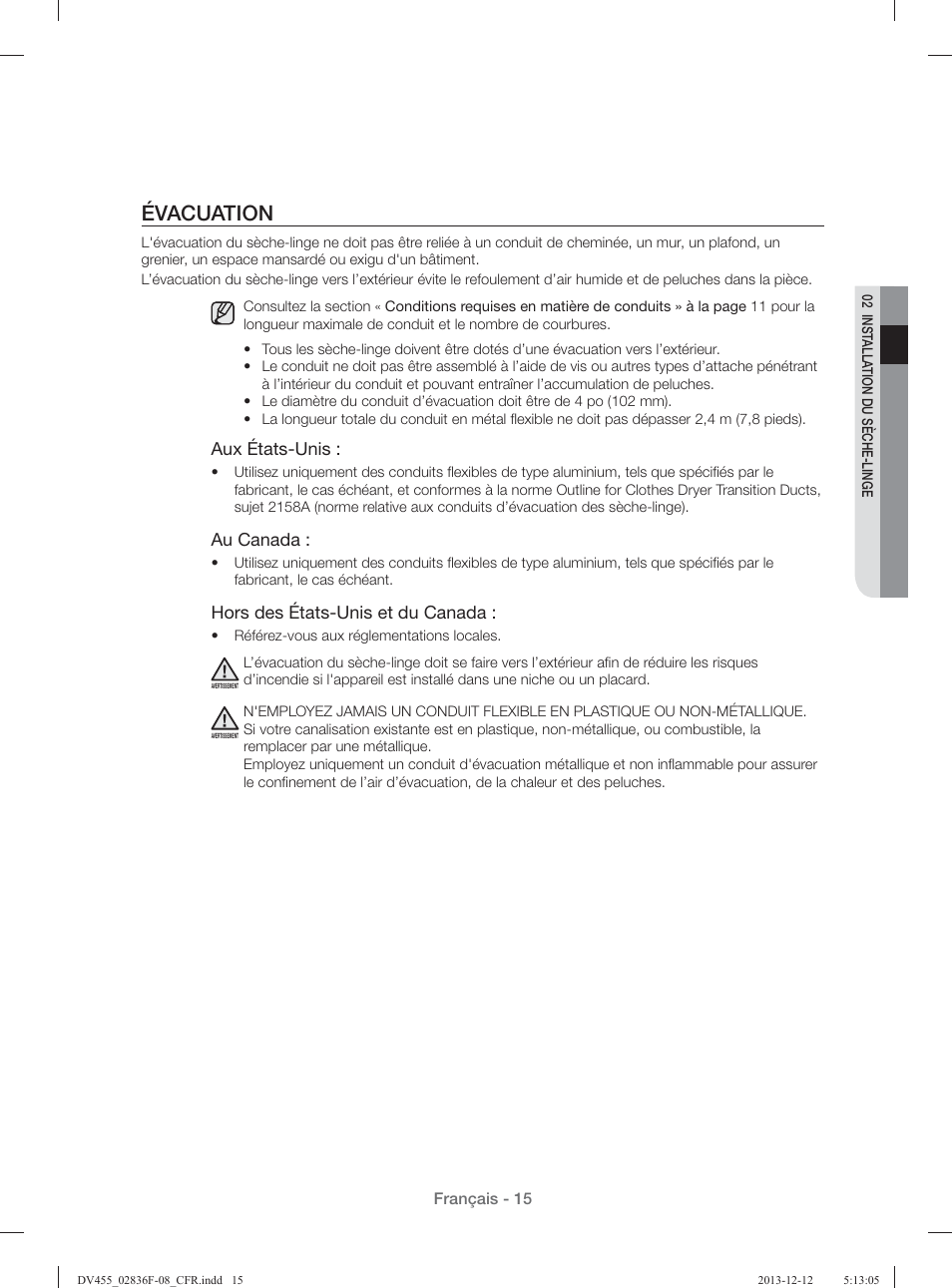 Évacuation, Aux états-unis, Au canada | Hors des états-unis et du canada | Samsung DV455GVGSWR-AA User Manual | Page 107 / 276