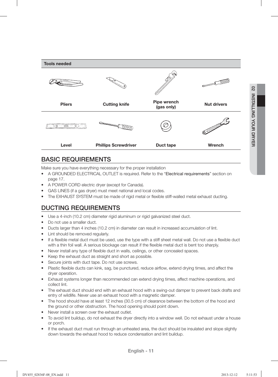Basic requirements, Ducting requirements | Samsung DV455GVGSWR-AA User Manual | Page 11 / 276