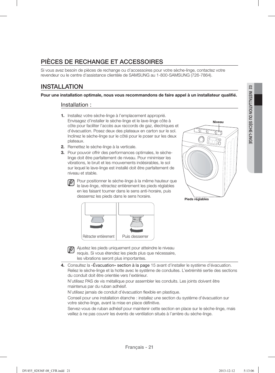 Pièces de rechange et accessoires, Installation | Samsung DV455GVGSWR-AA User Manual | Page 113 / 276