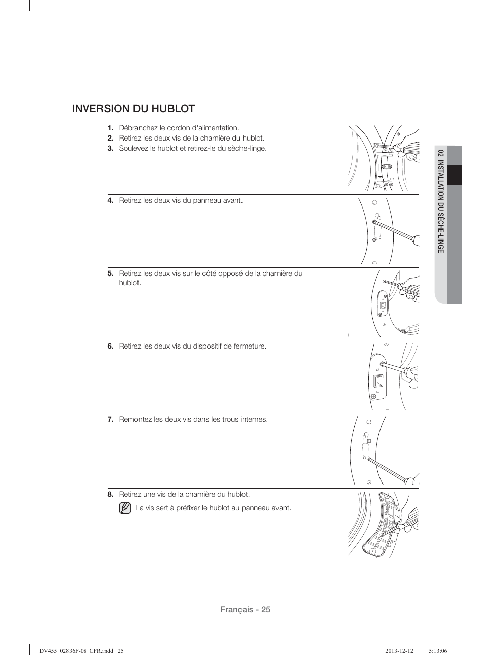 Inversion du hublot | Samsung DV455GVGSWR-AA User Manual | Page 117 / 276