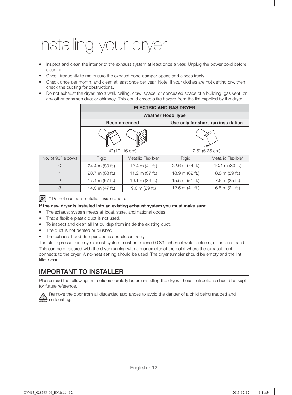 Installing your dryer, Important to installer | Samsung DV455GVGSWR-AA User Manual | Page 12 / 276