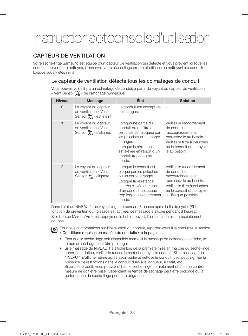 Instructions et conseils d’utilisation, Capteur de ventilation | Samsung DV455GVGSWR-AA User Manual | Page 126 / 276