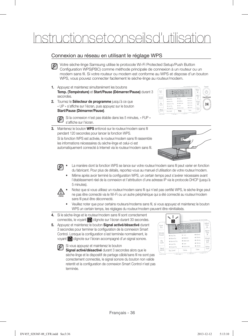 Instructions et conseils d’utilisation, Connexion au réseau en utilisant le réglage wps | Samsung DV455GVGSWR-AA User Manual | Page 128 / 276