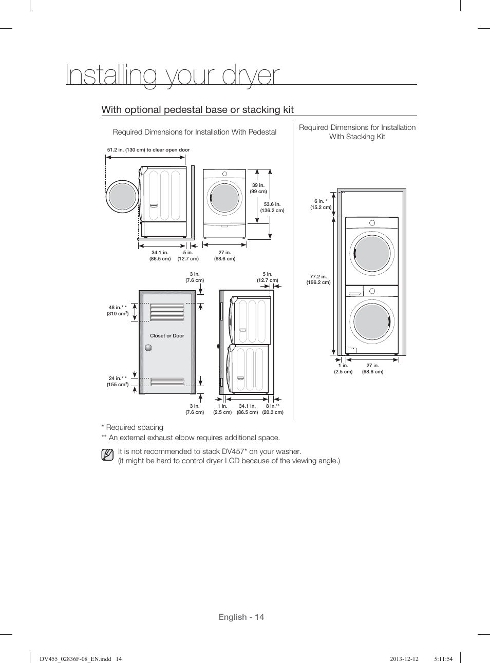 Installing your dryer, With optional pedestal base or stacking kit, English - 14 | Samsung DV455GVGSWR-AA User Manual | Page 14 / 276