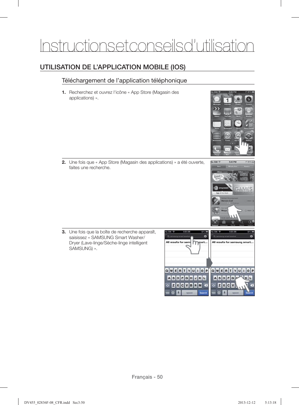 Instructions et conseils d’utilisation, Utilisation de l’application mobile (ios) | Samsung DV455GVGSWR-AA User Manual | Page 142 / 276