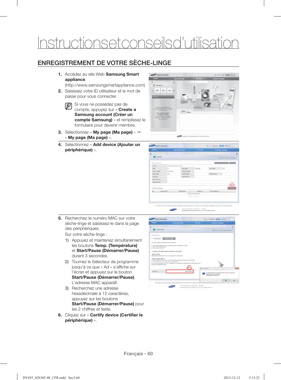 Instructions et conseils d’utilisation, Enregistrement de votre sèche-linge | Samsung DV455GVGSWR-AA User Manual | Page 152 / 276