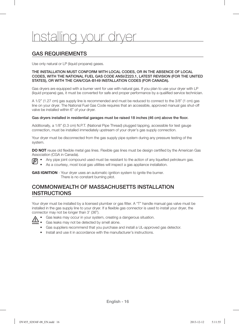 Installing your dryer, Gas requirements | Samsung DV455GVGSWR-AA User Manual | Page 16 / 276