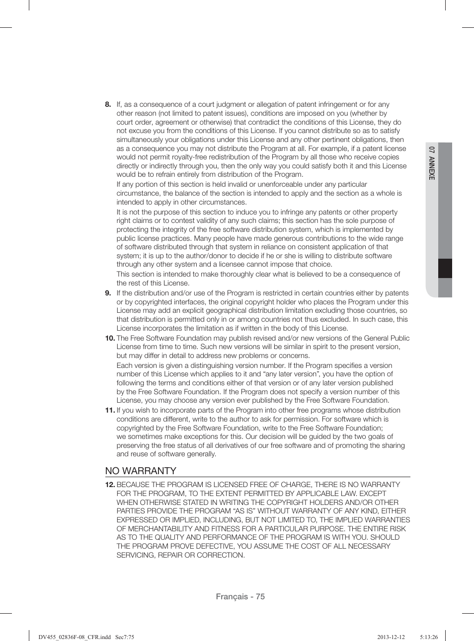 No warranty | Samsung DV455GVGSWR-AA User Manual | Page 167 / 276