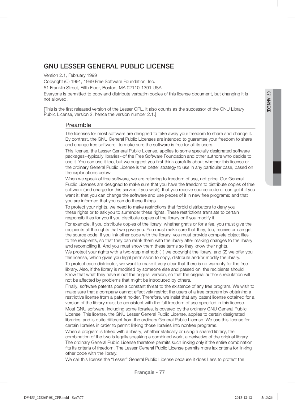 Gnu lesser general public license, Preamble | Samsung DV455GVGSWR-AA User Manual | Page 169 / 276