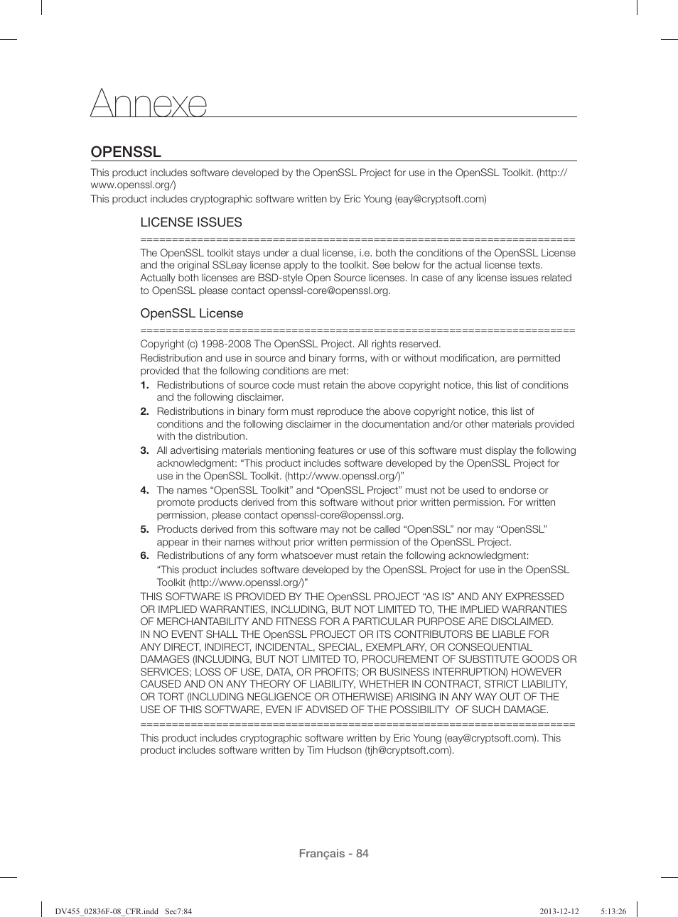 Annexe, Openssl | Samsung DV455GVGSWR-AA User Manual | Page 176 / 276