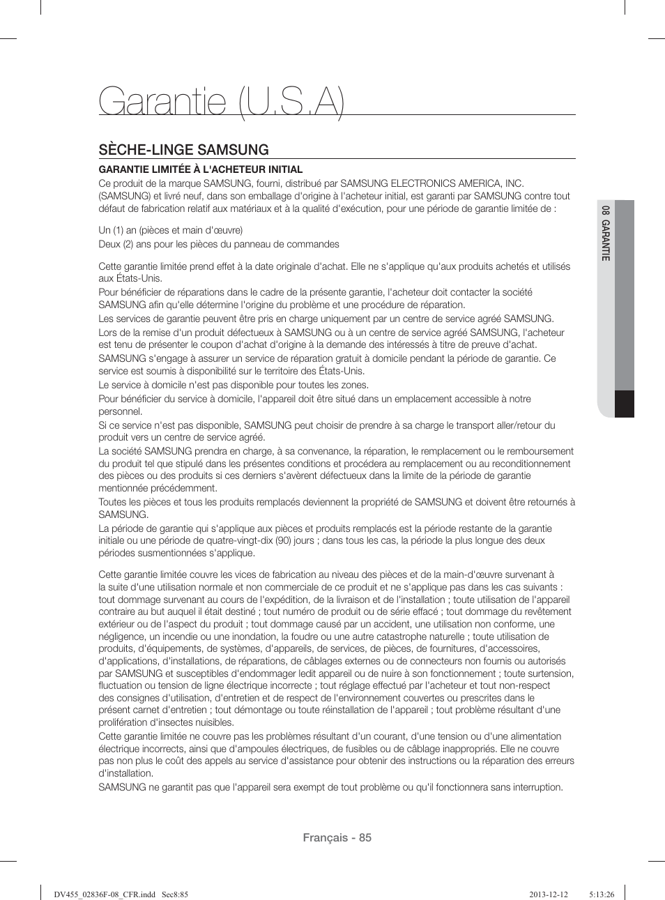 Garantie (u.s.a), Sèche-linge samsung | Samsung DV455GVGSWR-AA User Manual | Page 177 / 276