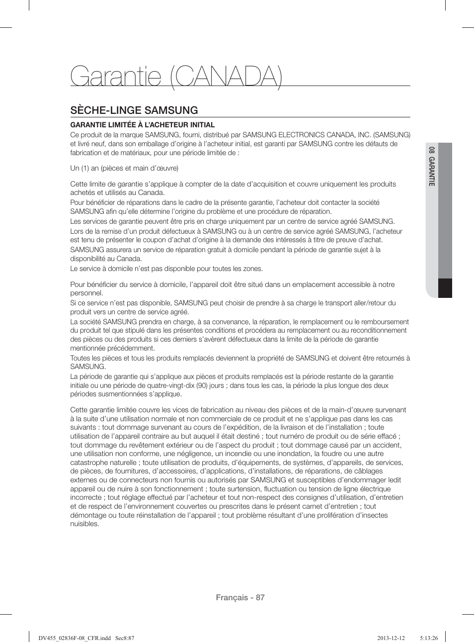 Garantie (canada), Sèche-linge samsung | Samsung DV455GVGSWR-AA User Manual | Page 179 / 276