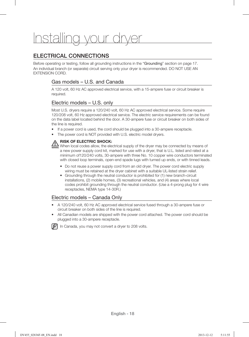 Installing your dryer, Electrical connections, Gas models – u.s. and canada | Electric models – u.s. only, Electric models – canada only | Samsung DV455GVGSWR-AA User Manual | Page 18 / 276