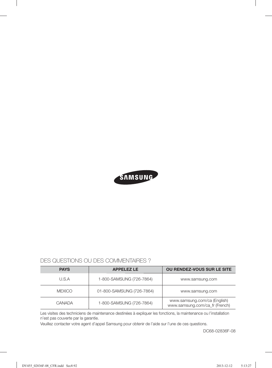 Des questions ou des commentaires | Samsung DV455GVGSWR-AA User Manual | Page 184 / 276