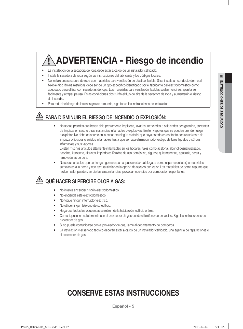 Advertencia - riesgo de incendio, Conserve estas instrucciones, Para disminuir el riesgo de incendio o explosión | Qué hacer si percibe olor a gas | Samsung DV455GVGSWR-AA User Manual | Page 189 / 276