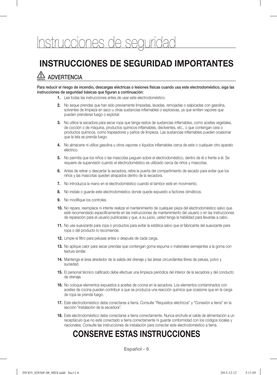 Instrucciones de seguridad, Conserve estas instrucciones, Instrucciones de seguridad importantes | Advertencia | Samsung DV455GVGSWR-AA User Manual | Page 190 / 276