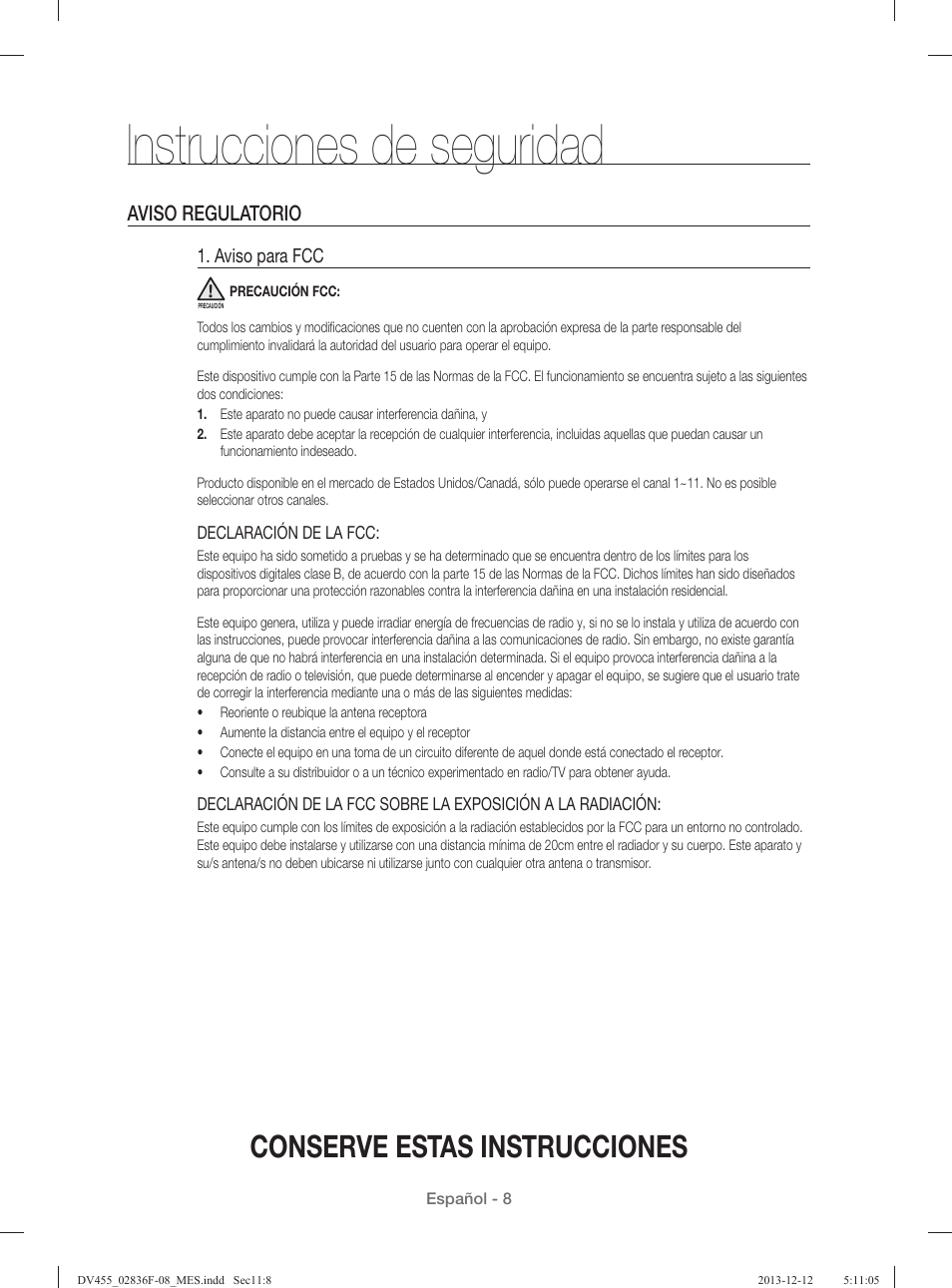 Instrucciones de seguridad, Conserve estas instrucciones, Aviso regulatorio | Samsung DV455GVGSWR-AA User Manual | Page 192 / 276