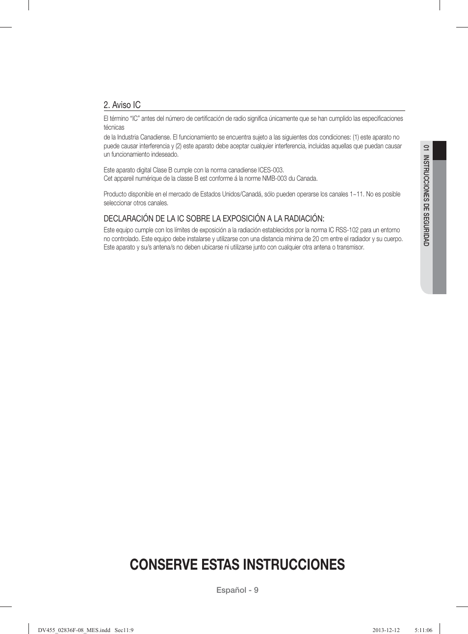 Conserve estas instrucciones, Aviso ic | Samsung DV455GVGSWR-AA User Manual | Page 193 / 276