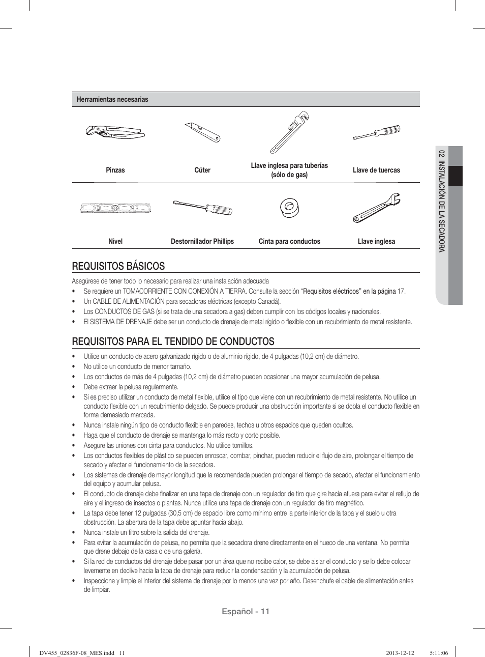 Requisitos básicos, Requisitos para el tendido de conductos | Samsung DV455GVGSWR-AA User Manual | Page 195 / 276