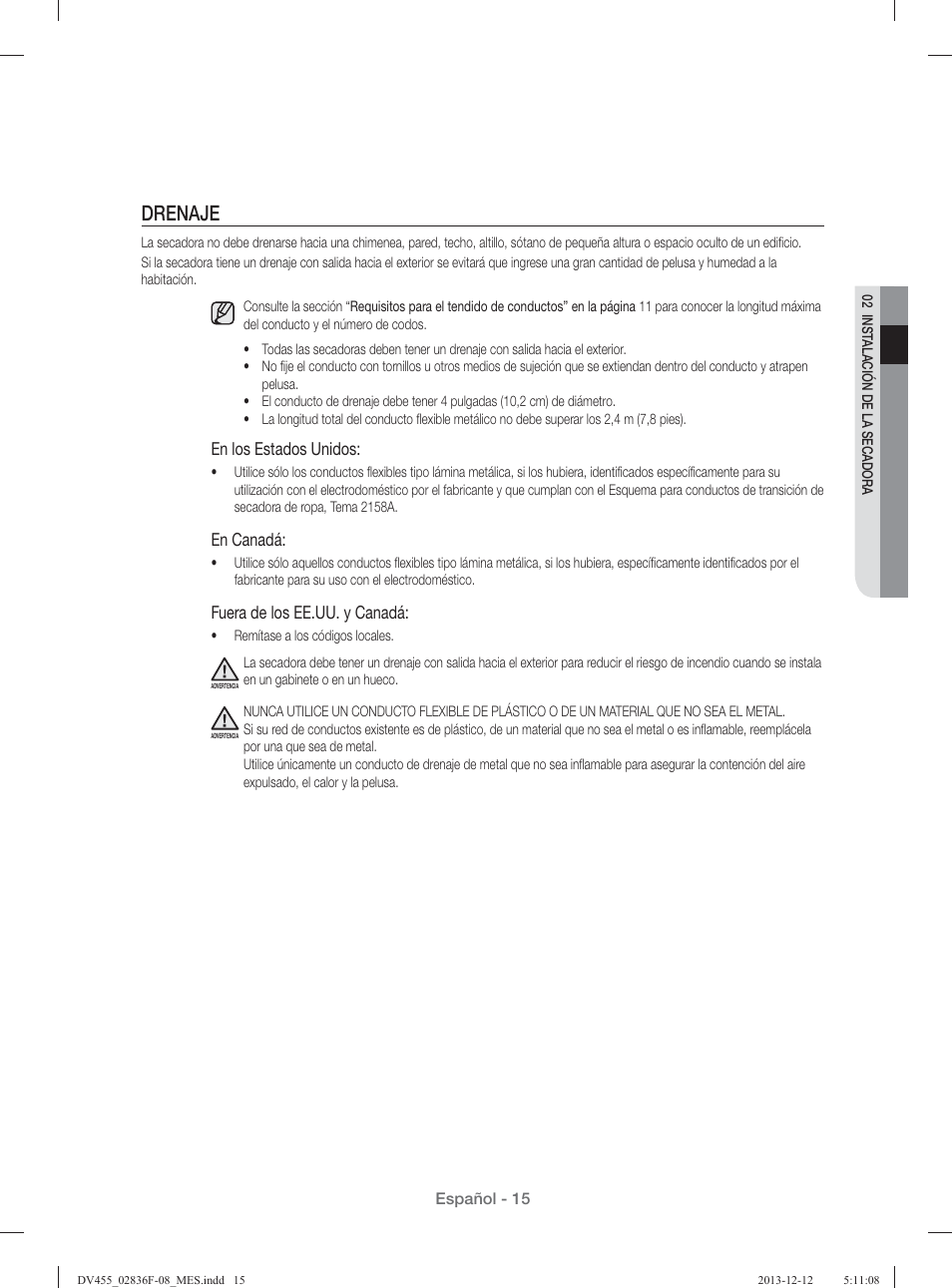 Drenaje, En los estados unidos, En canadá | Fuera de los ee.uu. y canadá | Samsung DV455GVGSWR-AA User Manual | Page 199 / 276