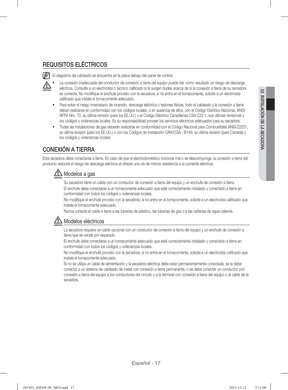 Requisitos eléctricos, Conexión a tierra, Modelos a gas | Modelos eléctricos | Samsung DV455GVGSWR-AA User Manual | Page 201 / 276