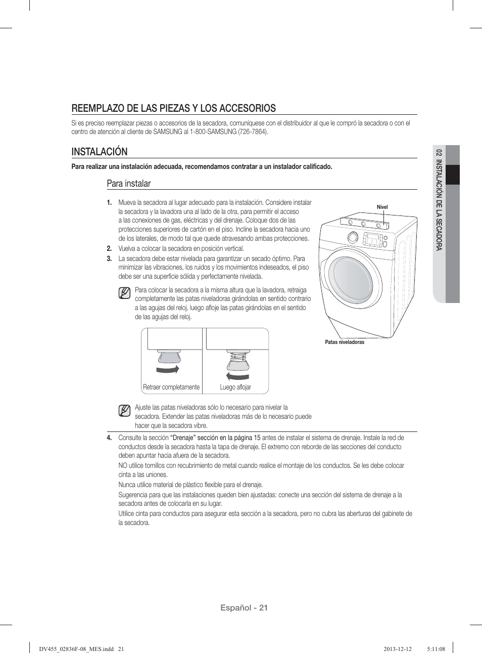 Reemplazo de las piezas y los accesorios, Instalación, Para instalar | Samsung DV455GVGSWR-AA User Manual | Page 205 / 276
