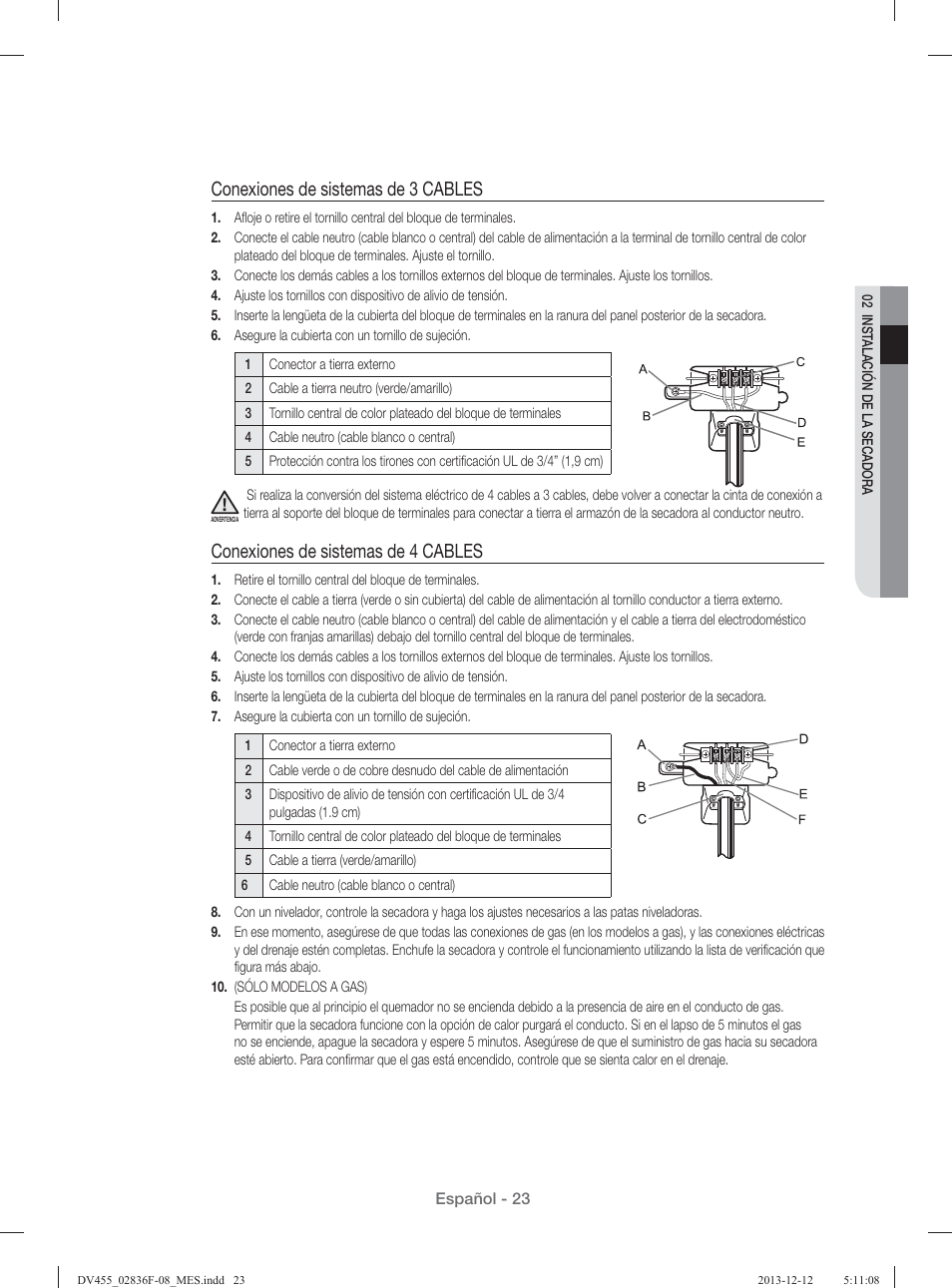 Conexiones de sistemas de 3 cables, Conexiones de sistemas de 4 cables | Samsung DV455GVGSWR-AA User Manual | Page 207 / 276