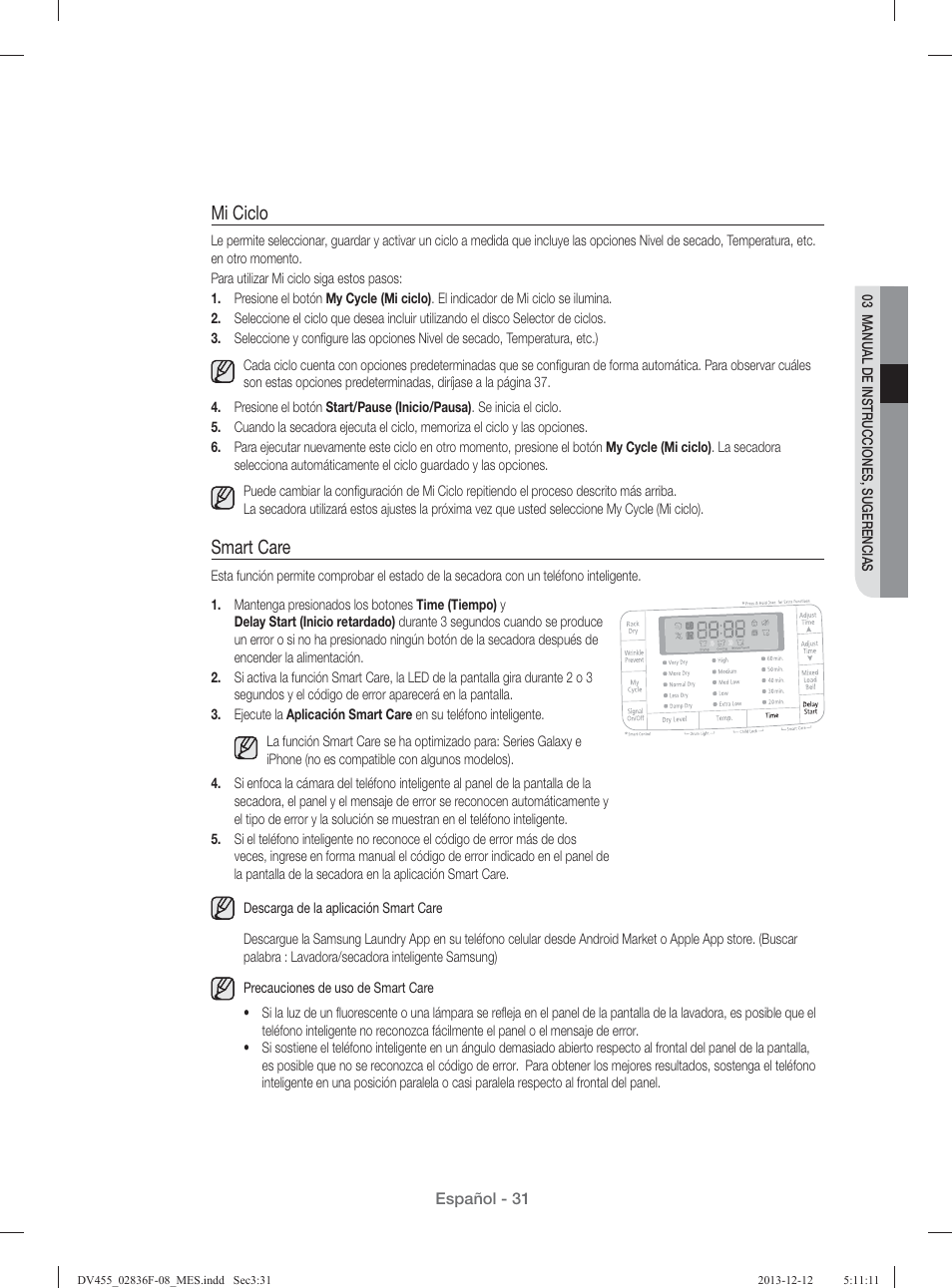 Mi ciclo, Smart care | Samsung DV455GVGSWR-AA User Manual | Page 215 / 276