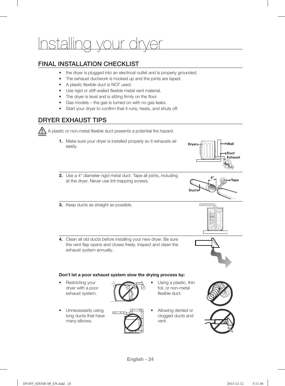 Installing your dryer, Final installation checklist, Dryer exhaust tips | Samsung DV455GVGSWR-AA User Manual | Page 24 / 276