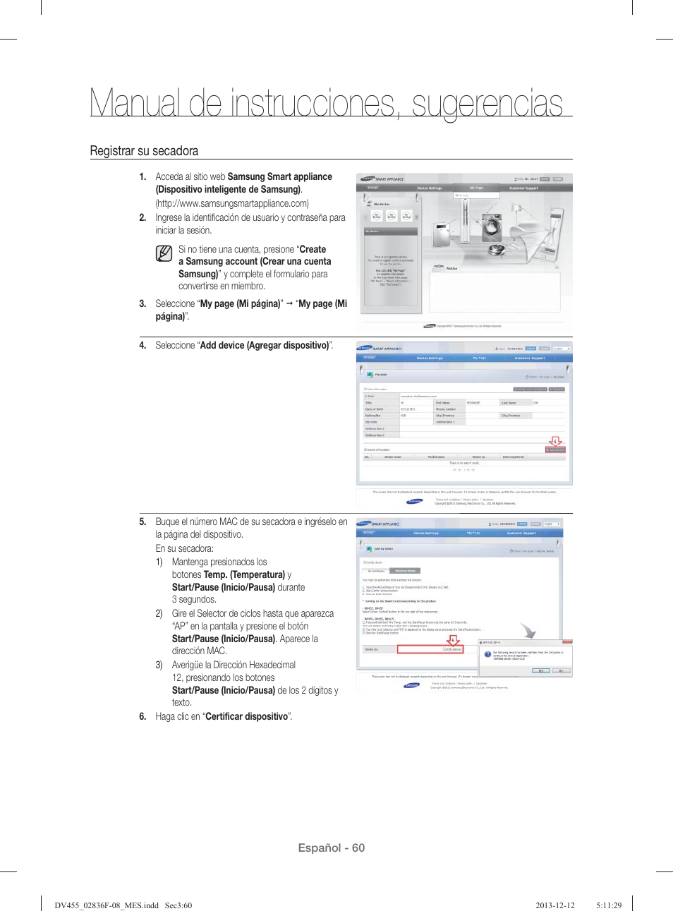 Manual de instrucciones, sugerencias, Registrar su secadora | Samsung DV455GVGSWR-AA User Manual | Page 244 / 276