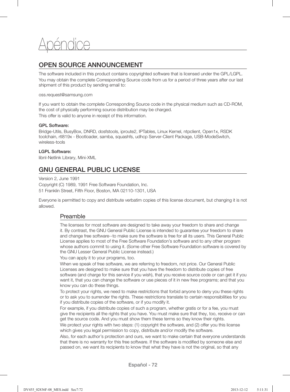 Apéndice, Open source announcement, Gnu general public license | Samsung DV455GVGSWR-AA User Manual | Page 256 / 276
