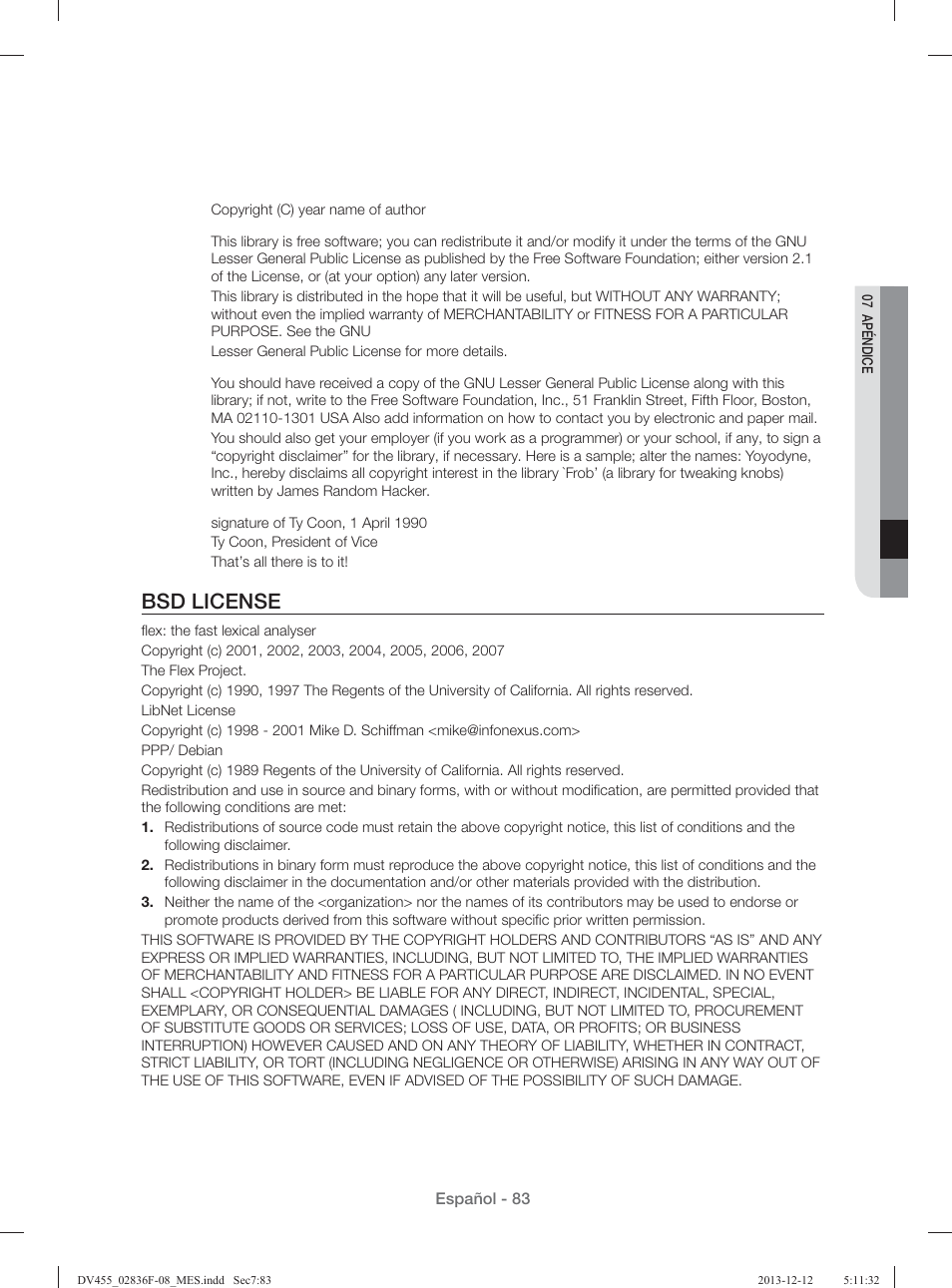 Bsd license | Samsung DV455GVGSWR-AA User Manual | Page 267 / 276
