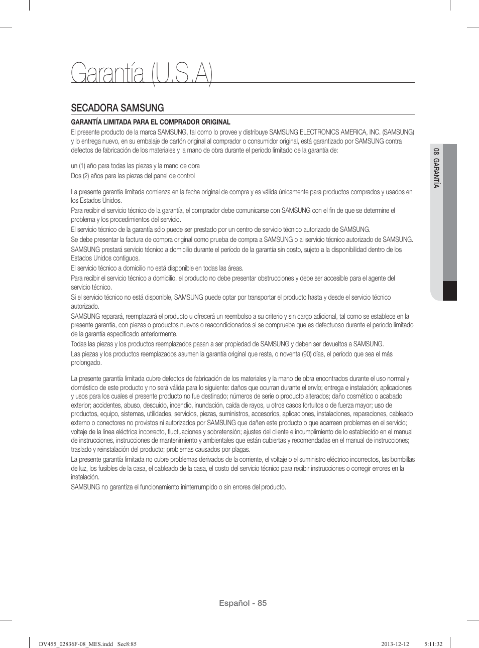 Garantía (u.s.a), Secadora samsung | Samsung DV455GVGSWR-AA User Manual | Page 269 / 276