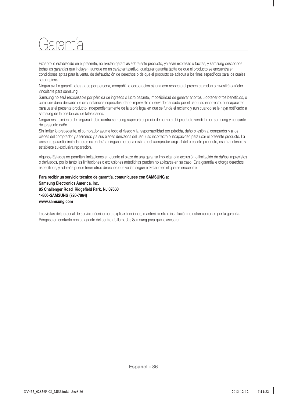 Garantía | Samsung DV455GVGSWR-AA User Manual | Page 270 / 276