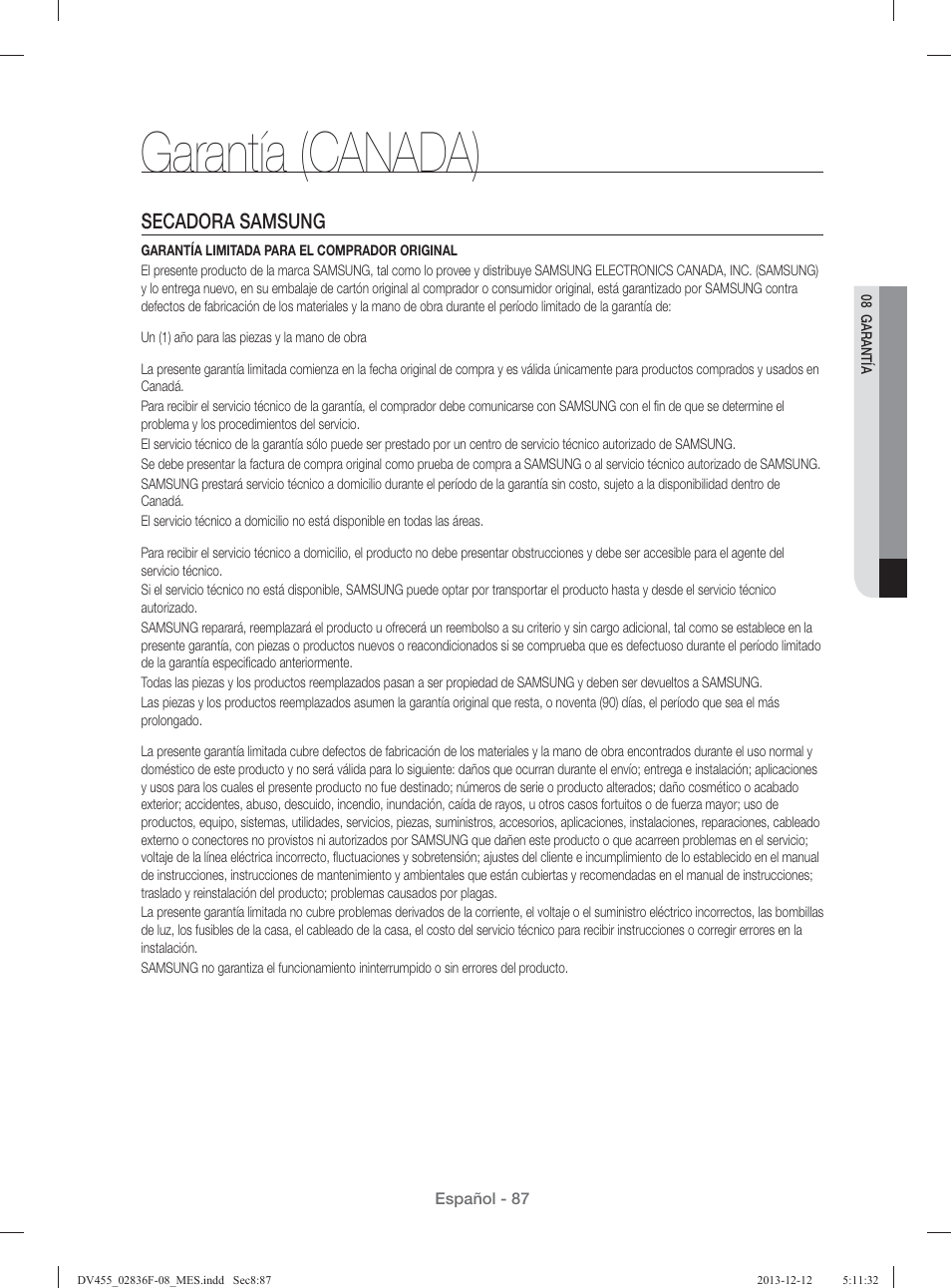 Garantía (canada), Secadora samsung | Samsung DV455GVGSWR-AA User Manual | Page 271 / 276