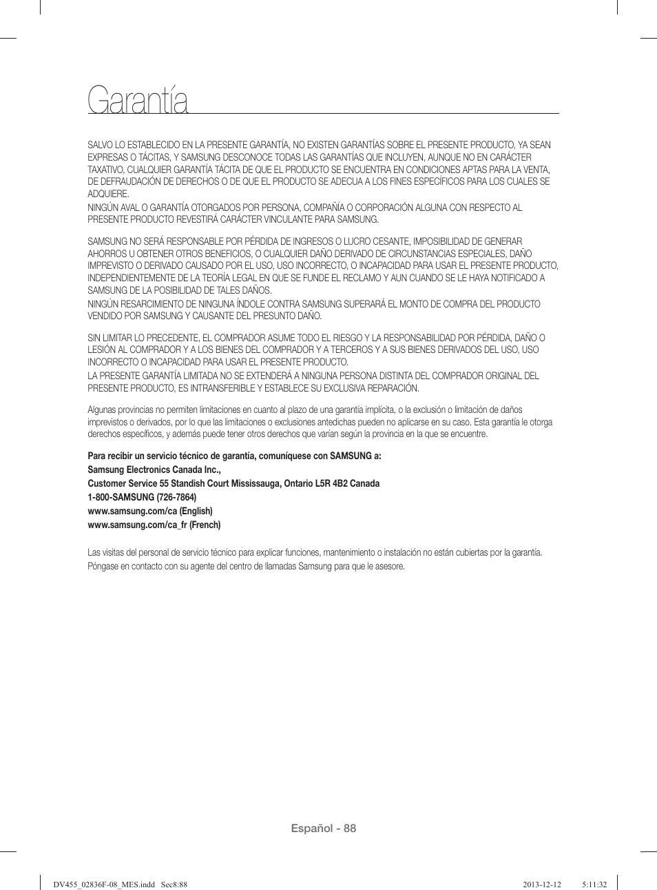 Garantía | Samsung DV455GVGSWR-AA User Manual | Page 272 / 276