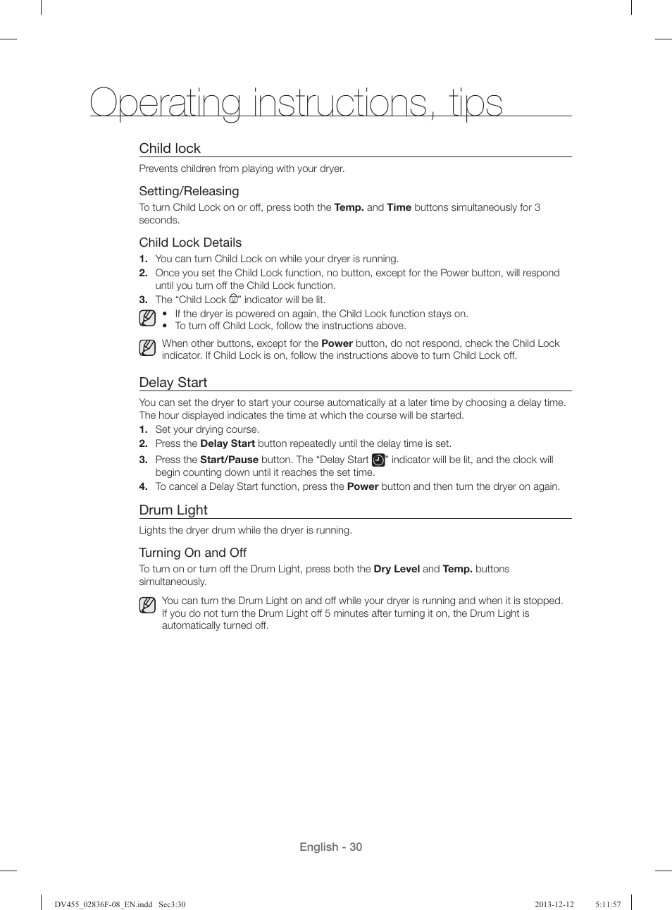 Operating instructions, tips | Samsung DV455GVGSWR-AA User Manual | Page 30 / 276