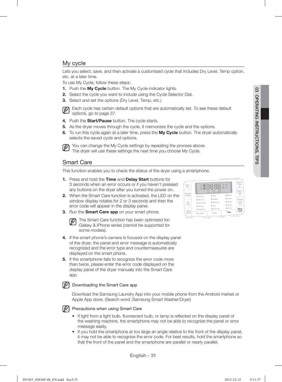 My cycle, Smart care | Samsung DV455GVGSWR-AA User Manual | Page 31 / 276