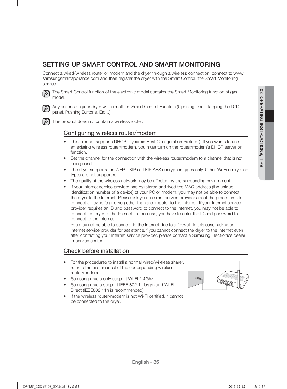 Setting up smart control and smart monitoring, Conﬁ guring wireless router/modem, Check before installation | Samsung DV455GVGSWR-AA User Manual | Page 35 / 276