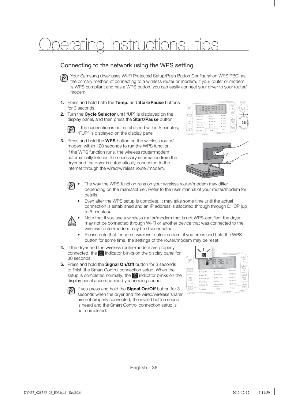 Operating instructions, tips, Connecting to the network using the wps setting | Samsung DV455GVGSWR-AA User Manual | Page 36 / 276