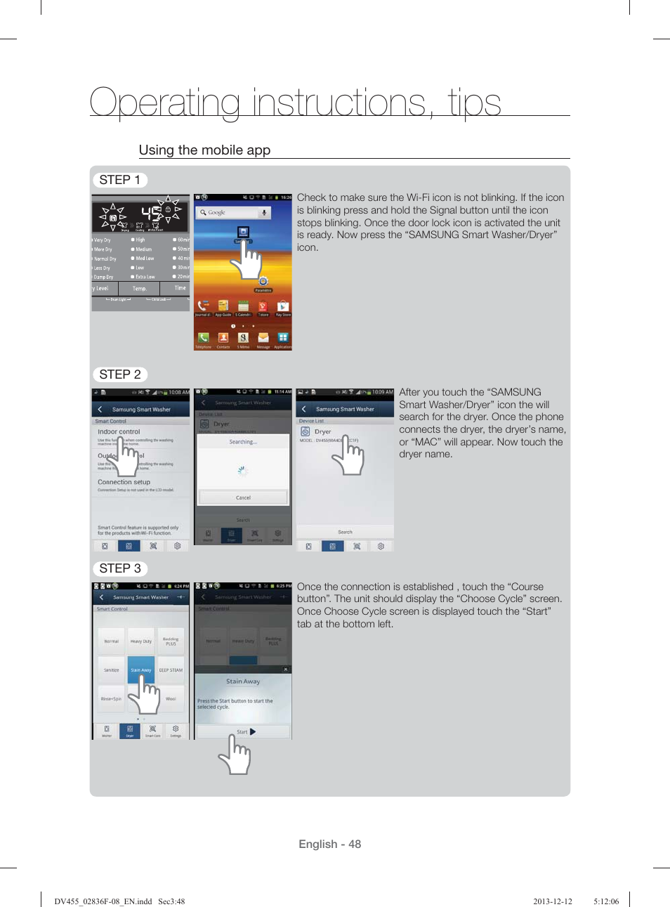 Operating instructions, tips | Samsung DV455GVGSWR-AA User Manual | Page 48 / 276