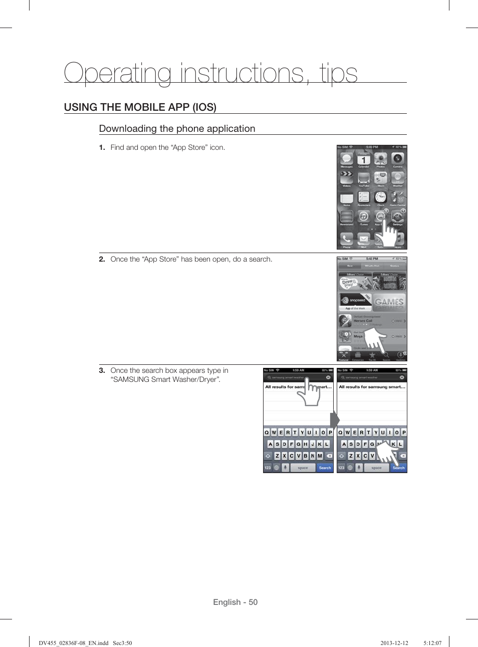 Operating instructions, tips, Using the mobile app (ios) | Samsung DV455GVGSWR-AA User Manual | Page 50 / 276