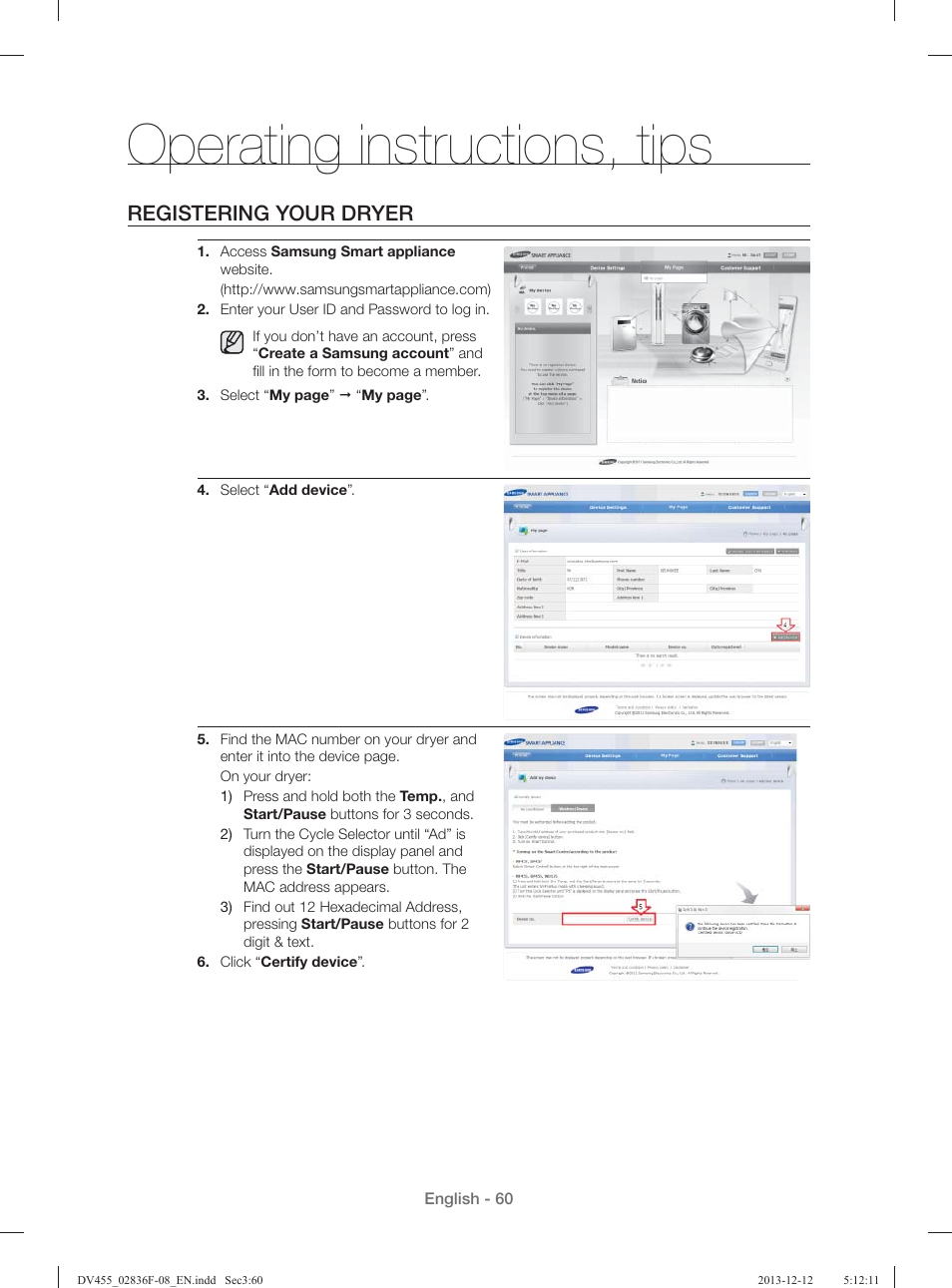 Operating instructions, tips, Registering your dryer | Samsung DV455GVGSWR-AA User Manual | Page 60 / 276